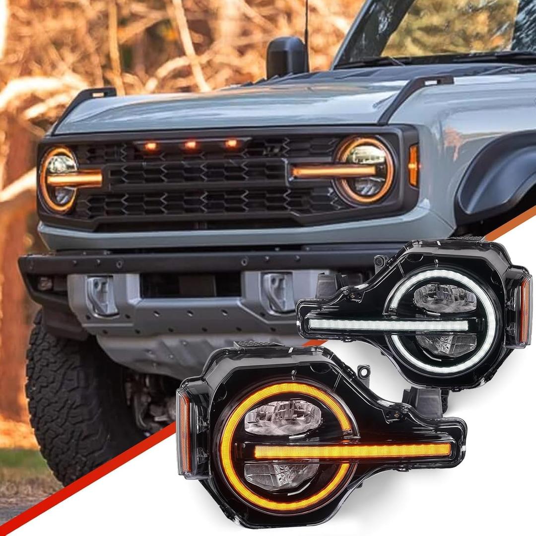 Archaic Headlights Compatible for 2021-2026 Ford Bronco 2 or 4 Door (Base/Big Bend/Badlands/Wildtrak/First Edition/Raptor],w/Amber/White Startup Animated DRL,Sequential Turn Signal)