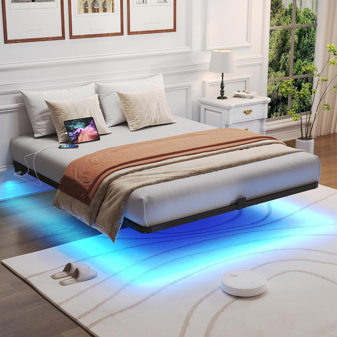 Floating Bed Frame with LED Lights and Charging Station - Modern Metal Platform Bed Frame - Noise Free No Box Spring Needed and Easy Assembly (Queen (U.S. Standard)