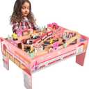 Wooden Train Set - 75-Piece Play Set with Tracks, Vehicles, Buildings, Characters, Illustrated Playing Surface, and Activity Table by Hey Play (Pink)