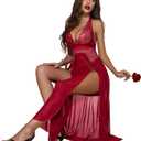 Avidlove Women Lingerie Deep V Neck Nightwear One Piece Sexy Nightgowns Mosaic Lace Mesh Dress (Red)