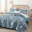 JANZAA Quilt King Size Mineral Blue Quilt Bed Spread Boho Quilt with Floral Pattern Microfiber Quilts Set 3 Pieces Lightweight Comforter Reversible Bedding Set,1Quilt 104x90 inches, 2 Pillowcases