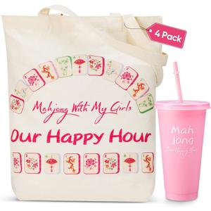 8 Pack Mahjong Gifts for Women, 4 Canvas Mahjong Tote Bags with Inner Zipper Pocket & 4 Plastic Pink Tumblers 24oz