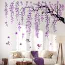 Lilac Wall Decoration Large Cherry Blossom Tree Wall Stickers, 4 Sheets Spring Purple Flower Bird Wall Decals Peel and Stick Wall Murals Decor for Living Room Bedroom (Purple, 11.8 * 35.4inch)