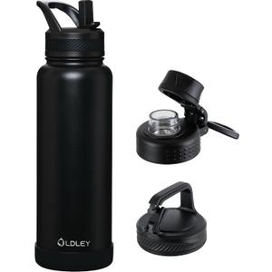 OLDLEY 40 oz Insulated Water Bottle With Straw, Stainless Steel Sports Water Cup Flask with 3 Lids(Straw, Spout and Handle Lid) Double Walled Travel Thermal Canteen Mug, Black