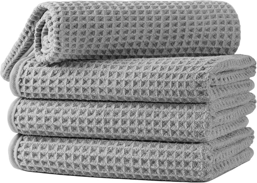 Microfiber Waffle Hand Towels, 4 Pieces, Soft, Absorbent, Fast Drying, Lint Free (Silver)