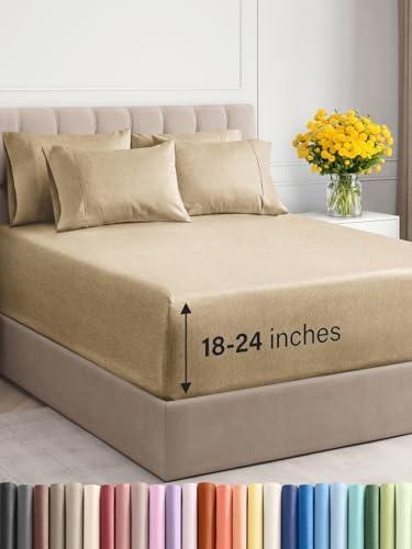 Extra Deep King Sheet Set - 6 Piece Breathable & Cooling Sheets - Hotel Luxury Bedding Set w/18-24 Inch Extra Deep Pockets - Easy Fit - Super Soft, Wrinkle Free and Comfy - Heathered Tan, King Size