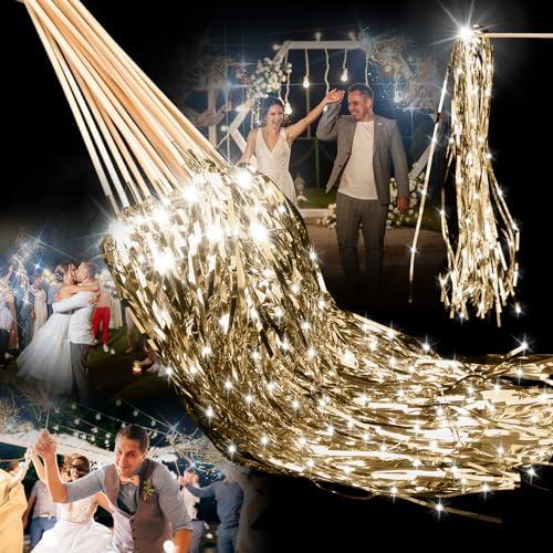 Simgoing 24 Pcs Lighted Wedding Wands LED Tinsel Wands Light up Streamers Sparklers for Wedding Send Off and Exits Birthday Party Props Favors(Champagne Tinsel)