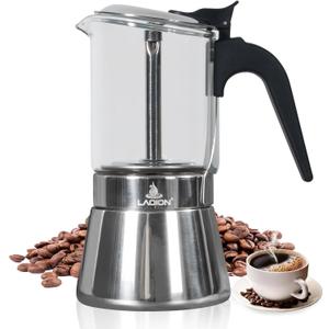 LAOION Stovetop Espresso Maker, 9Cup 360ml Moka Pot, Crystal Glass-top & Stainless Steel Coffee Maker Mocha Pot, Greca De Cafe, Cuban and Italian Coffee Maker for Cafetera Cubana (Silver)