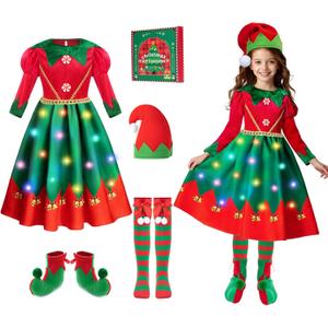 Meland Elf Costume for Kids - Light Up Elf Dress for Girls Holiday Outfit, Christmas Costume for Toddler Girl 3-10 Years Old (7-8 Years)