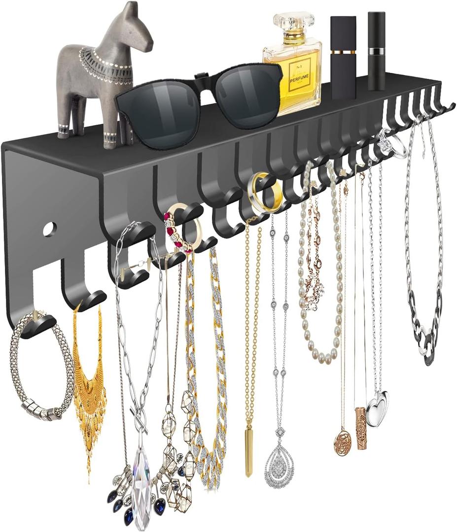 Necklace Jewelry Holder Wall Hanging Organizer Hangers Storage Mounted Shelf with 56 Hooks Tray Display Girls Women Metal Door Earring Mount Key Chains Rack (Black)