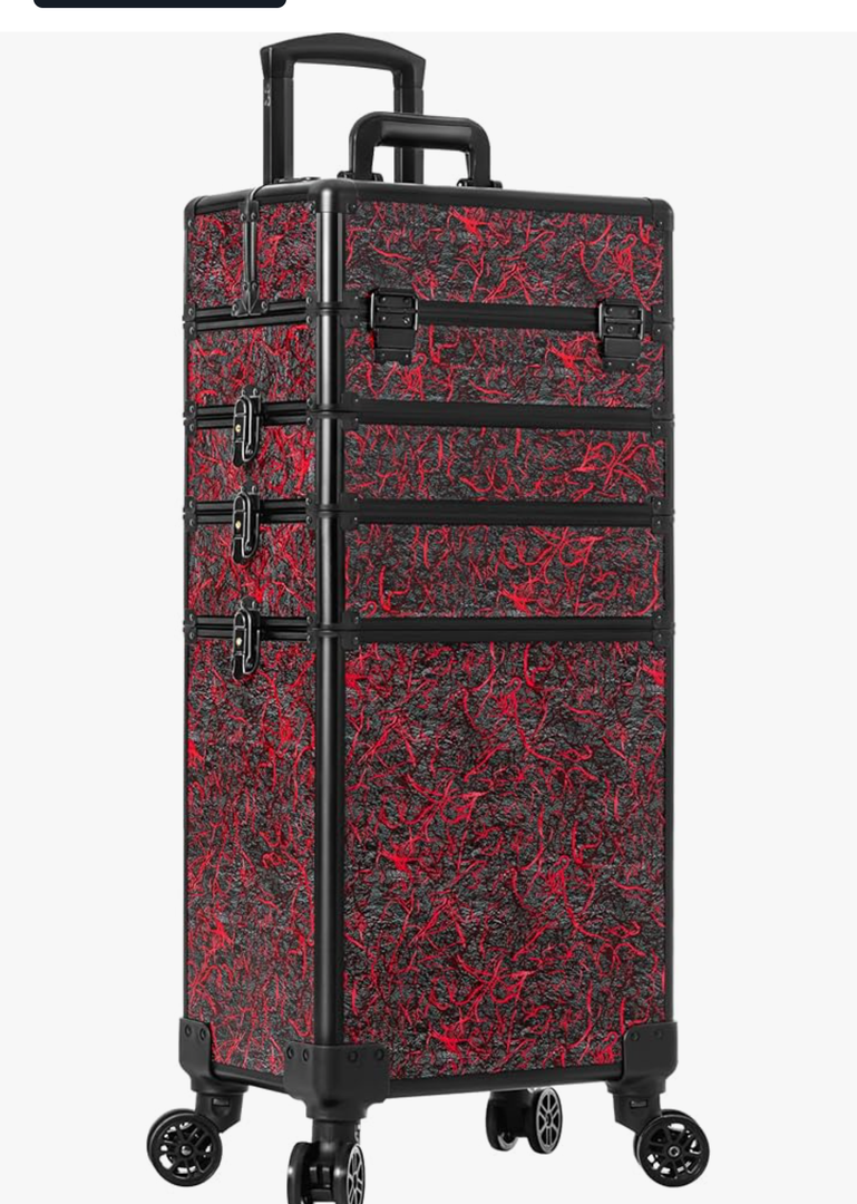 Profesional Rolling Makeup Train Case with Lid, 5 in 1 Cosmetology Case on Wheels, Large Cosmetic Trolley Organizer Travel for Hairstylist Artist Nail Beauty Salon Barber, Red