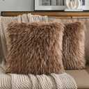 FUTEI Pack of 2 Shaggy Mongolian Faux Wool Throw Pillow Covers 18x18 Inch Soft Fluffy Farmhouse Decorative Cushion Case for Couch Bed Living Room, Dark Brown