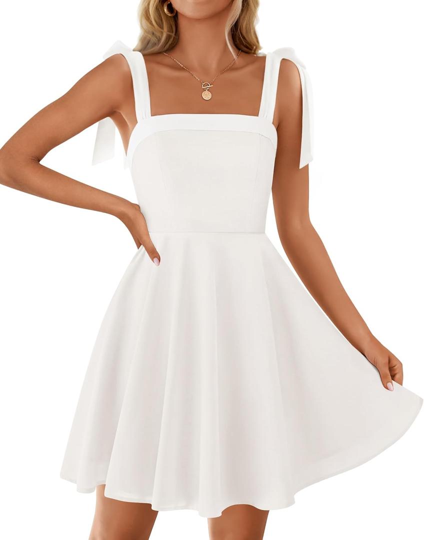 ZESICA Womens Summer Sleeveless Mini Dress Tie Shoulder Square Neck High Waist Swing A Line Short Sundresses (White, S)