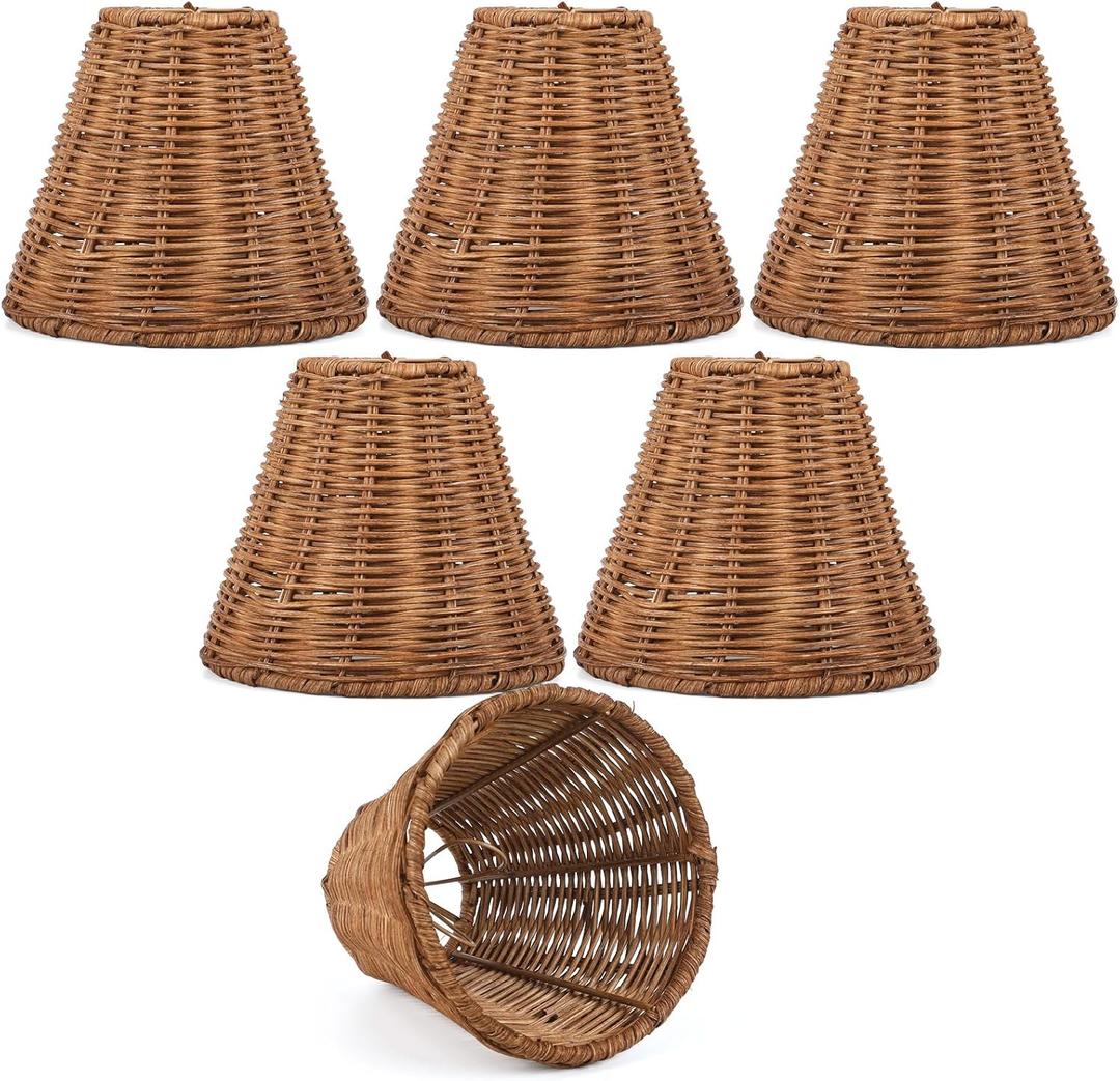 Rattan Lamp Shade Set of 6 Natural Rattan Clip-on Chandelier Lampshade Mini Handmade Woven Vintage Boho Farmhouse Wicker Table Light Cover for Candle Bulb(3.15" Top x 6" Bottom x 5.3" Height)