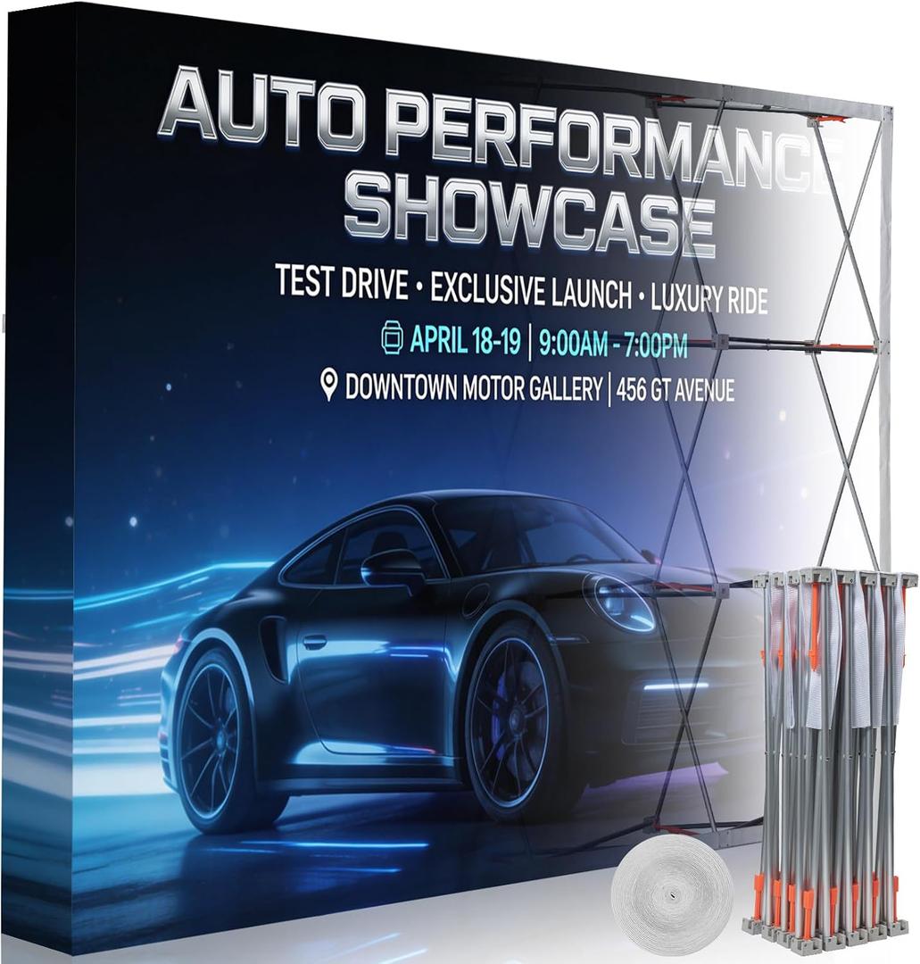 9.84 X 7.4FT Portable Pop Up Display Stand, Aluminum Folding Banner Stand, Fabric Tension Backdrop Booth Frame for Trade Shows, Weddings, Retail & Outdoor Events (Including A Carry Bag)