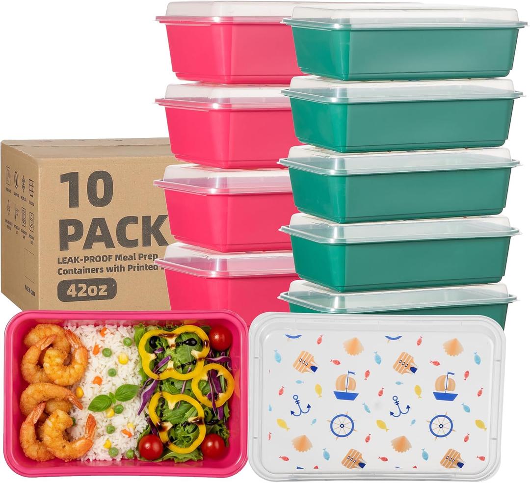 10 Pack 42 oz Meal Prep Containers with Printed Lids, Ocean