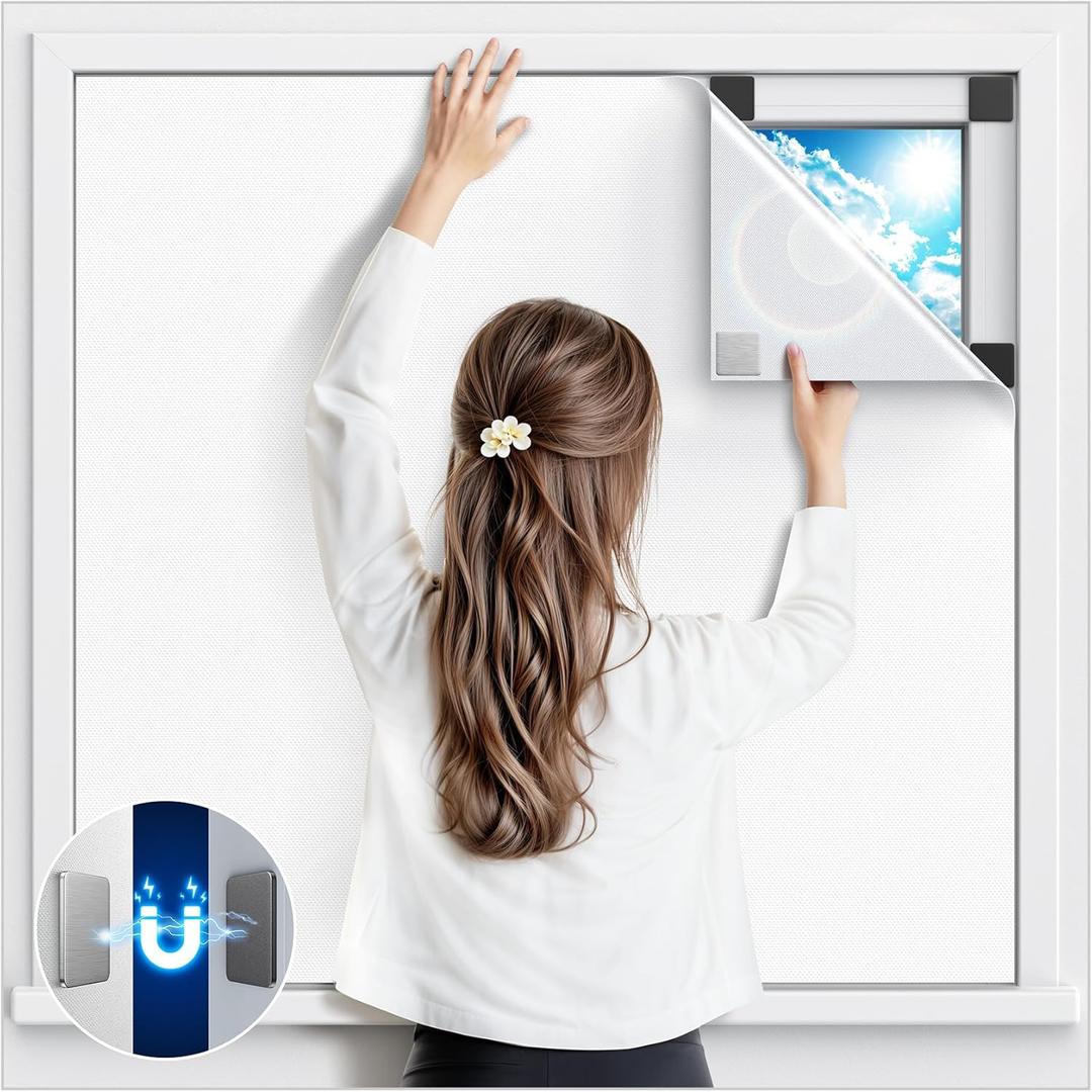 Magnetic Blackout Window Cover, 54" x 58" Portable Blackout Curtains for Bedroom, No Drill Windows Shades & Black Out Blinds, Temporary Black Out Shades for Window Film Nursery Travel RV - White