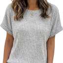 Rooscier Women's Ribbed Round Neck Rolled Short Sleeve Dressy Casual T Shirts Tops, Gray Medium