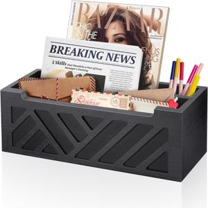Mail Organizer Mail Holder Countertop with 2 Slots, Wood Mail Basket for Wall Table Desk, Envelope Bill Holder for Home Office Decor (Black)