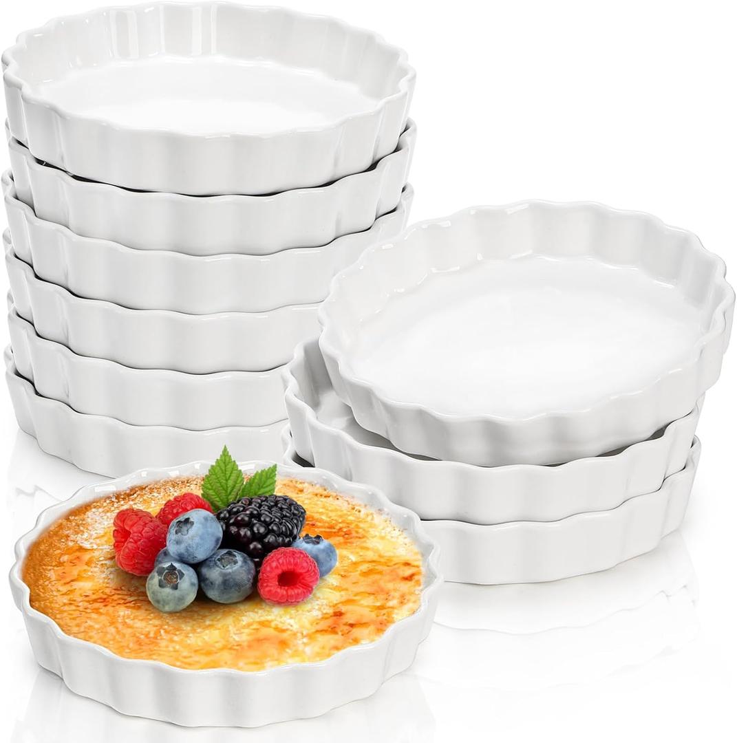 Foraineam 10 Pack 8 oz Creme Brulee Ramekins, 6 Inch Round Fluted Quiche Dishes, Porcelain Pie Pan Shallow Baking Dish Oven Safe for Baking Souffle, Apple Pie, Quiche, Tart, White