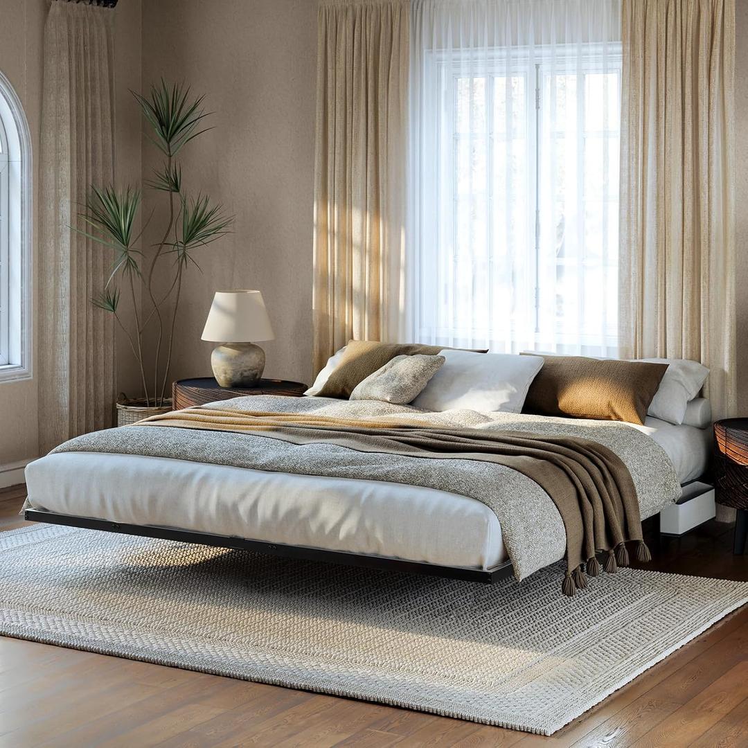 Tatub Queen Floating Bed Frame with Bedside Caddy, LED Floating Metal Platform Bed Frame with Charing Station & 4 Mattress Slide Stopper, No Box Spring Needed, Easy to Assemble