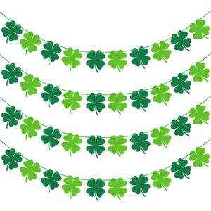 4 PCS St Patricks Day Decorations, 32 FT Pre-Assemble St Patricks Day Banner, Felt Irish Decorations for Home, Four Leaf Clover Decorations Garland for Irish Festival Classroom Fireplace Party Supplies