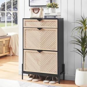 Shoe Cabinet Storage with 2 Flip Drawers, Narrow Hidden Shoes Organizer Cabinet for Entryway, Freestanding Slim Shoe Rack Front Door Entrance(Oak&Black), Medium