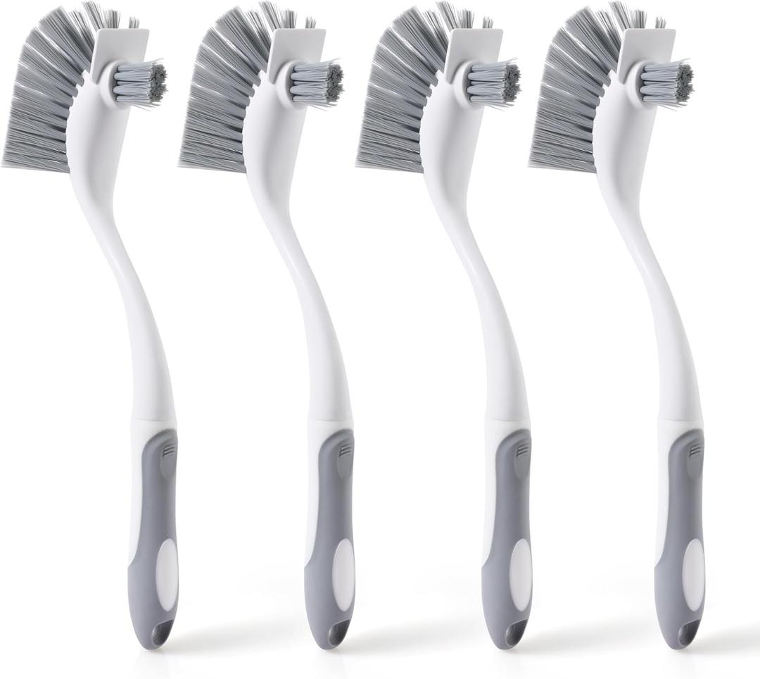 4-Pack Heavy-Duty Dish Scrub Brushes with Stiff Non-Scratch Bristles & Long Handle - Multi-Purpose Kitchen Cleaning Brushes for Pots, Pans, Bottles, Deep Cleaning Gray White