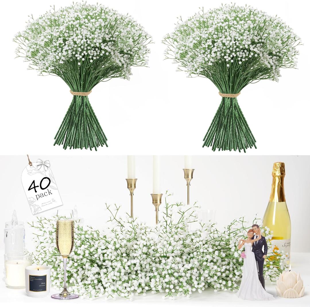 Fanfantoey 40Pcs Babys Breath Artificial Flowers, White Gypsophila Real Touch White Flowers Artificial Bulk, DIY Wedding Flower Bouquet, Fake Babies Breath Flowers Long Stems for Home Decor