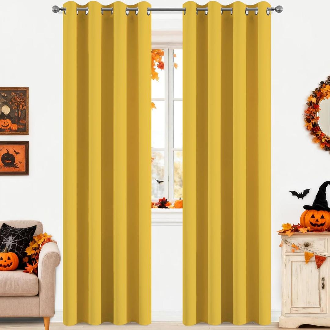 Yakamok Mustard Yellow Room Darkening Grommet Window Drapes Thermal Insulated Light Blocking Blackout Curtains for Bedroom(52Wx84L,2 Panels)
