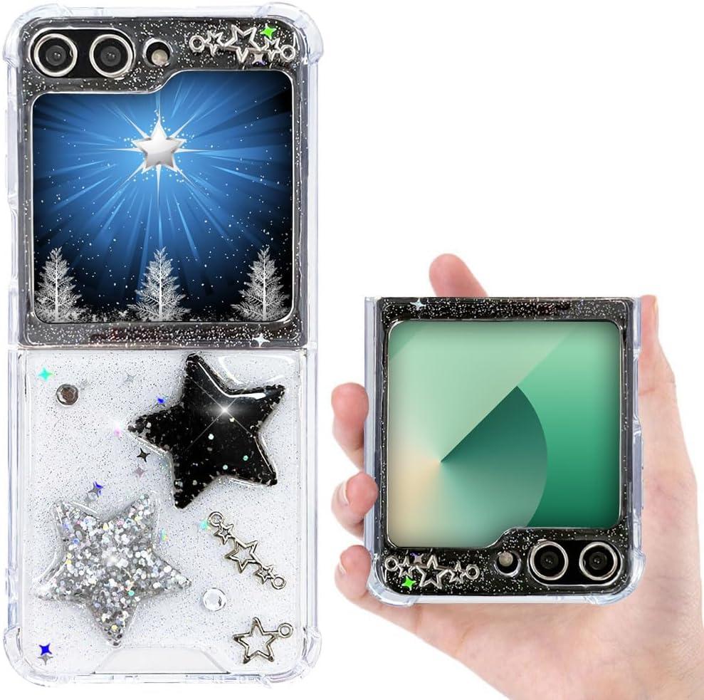 for Samsung Galaxy Z Flip 5/ Z Flip 6/ Z FLIP 7 FE Case Clear with Twinkle Stars Glitter Girly Women Cute Design Protective Black White Sparkles Bling Aesthetic Shockproof Kawaii Phone Cover