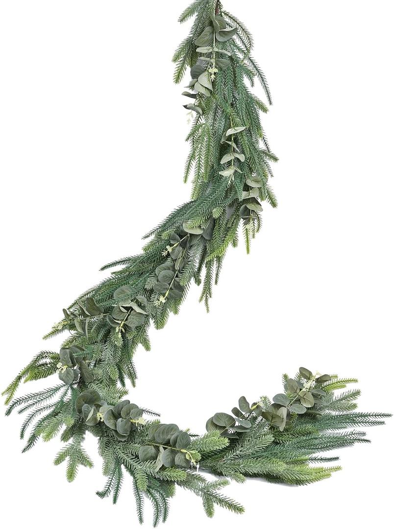 DearHouse Pine Garland Christmas Decoration, Artificial Greenery Garland Norfolk Pine Leaves and Eucalyptus for Holiday Season Mantel Fireplace Table Runner Centerpiece (Pine Garland with Eucalyptus)