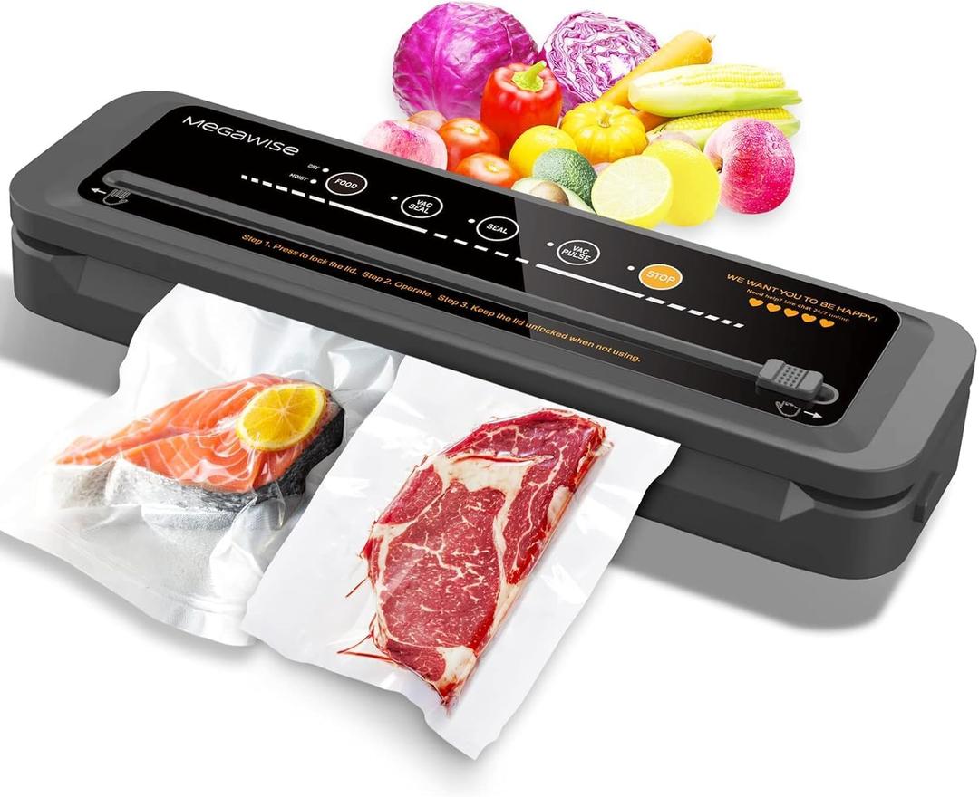 MegaWise Food Vacuum Sealer Machine High-Power 80kPa Suction, One-Touch Operation, Built-in Cutter Works with All Food Types, Includes Bags & Hose (Black), Keeps Food Fresh 5x Longer