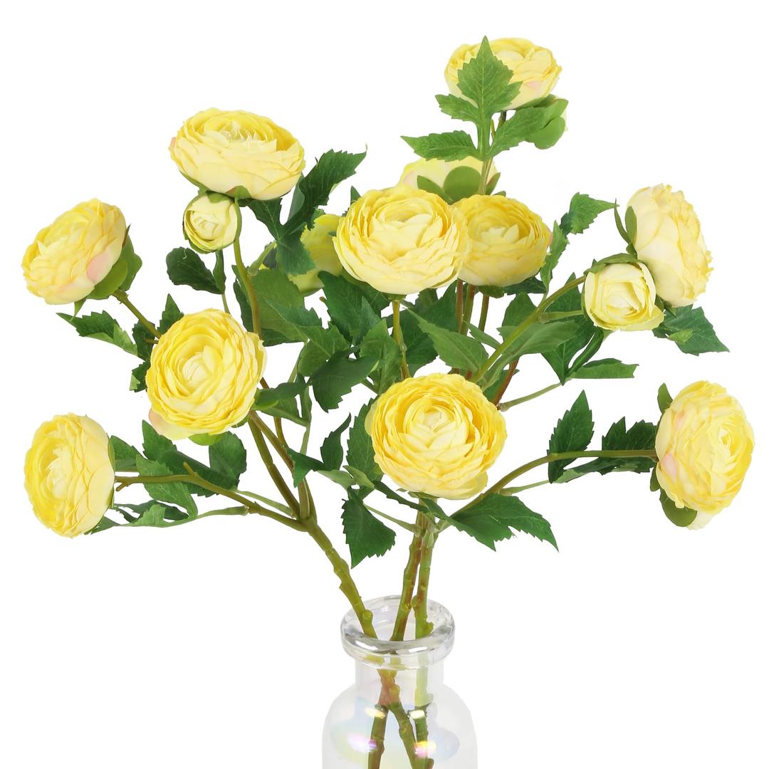 Yellow Ranunculus Artificial Flowers,3PCS 18 Heads Realistic Fake Peonies Faux Silk Ranunculus Flowers with Stems for Centerpieces Arrangements Wedding Party Home Decoration(Yellow)