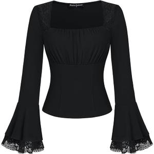 Scarlet Darkness Long Sleeve Tops for Women Square Neck Shirts Fitted Fall Blouse Goth Victorian Tees Going Out Clothes, Size Medium