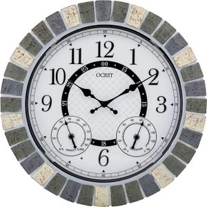 OCEST 18 Inch Outdoor Wall Clock with Night Light, Waterproof Thermometer & Hygrometer Combo, Battery Operated Silent Non-Ticking Large Patio Clock for Garden, Pool, Porch (Rustic Gray)