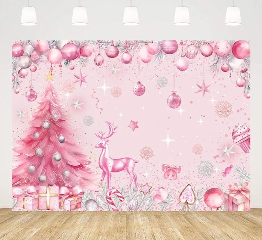 7x5ft Pink Merry Christmas Backdrop for Photography Pink Happy Birthday Happy New Years Background Supplies Christmas Trees Coloured Ribbon Deer Decorations Banner Photo Props