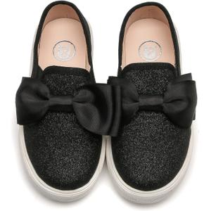 kkdom Girls Slip On Glitter Sneakers Cute Bow Lazy Tennis Shoes Loafers for Little Girls(Toddler/Little Kid/Big Kid) (Black)