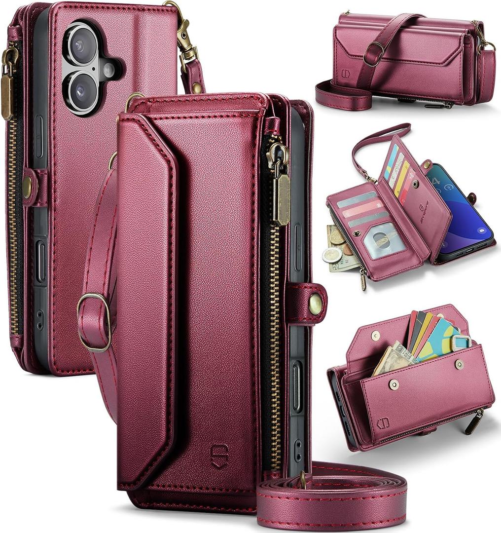 Strapurs Wallet Case Compatible with iPhone 16 Plus 6.7" RFID Blocking 10-Card Holder Soft PU Leather Magnetic Snap Shoulder Strap Zipper Pocket Phone Case Fit for iPhone 16 Plus - Wine Red