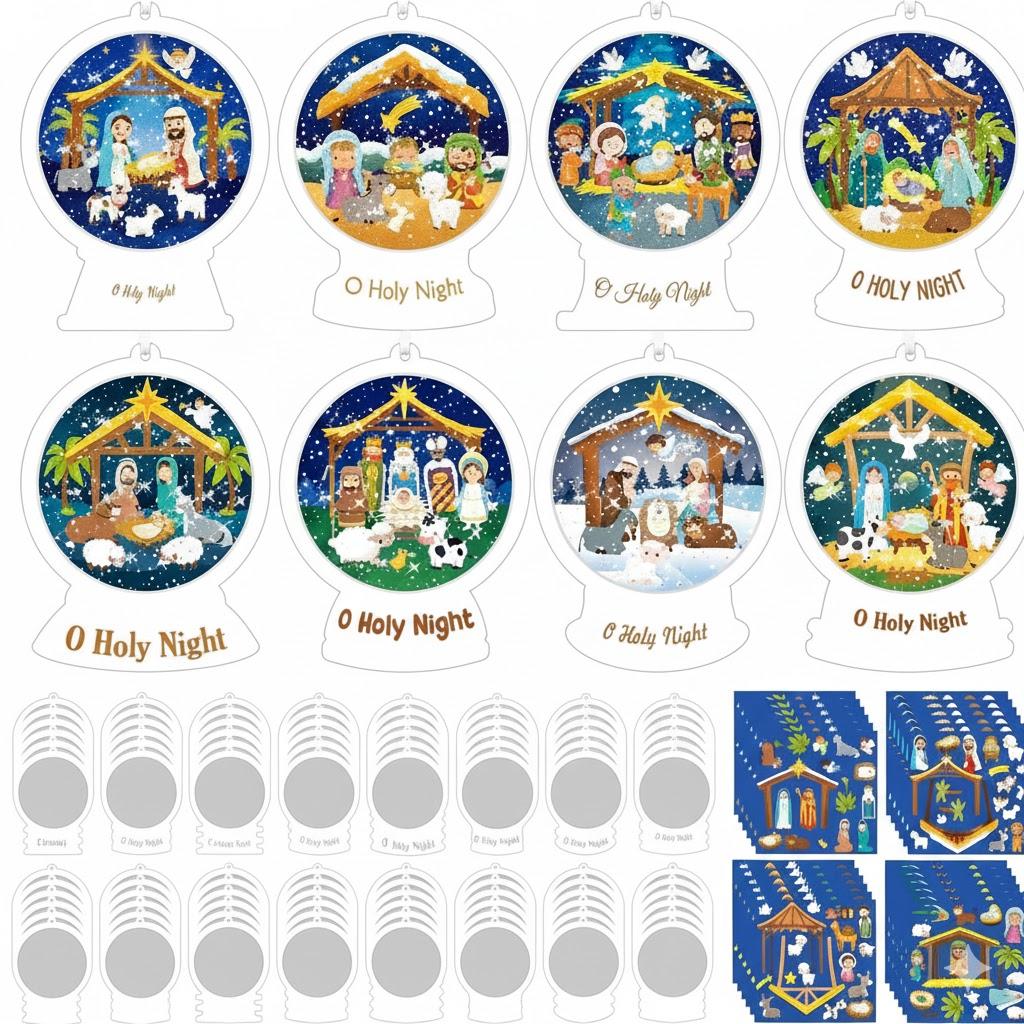 Frienda 48 Set Christmas Shaking Nativity Snow Globe Craft Kit Make a Jesus Birth Snowglobe Stickers Ornament Bulk with Glitter Sequins Papers for Xmas Tree Decor Religious Classroom Game Activities