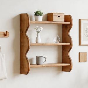 Vintage Wooden Wall Shelf, 100% Solid Wood 3 Tier Wall Shelves, Rustic Wall Mounted Home Decor Trinket Shelf Display Shelves for Apartment, Kitchen and Bedroom