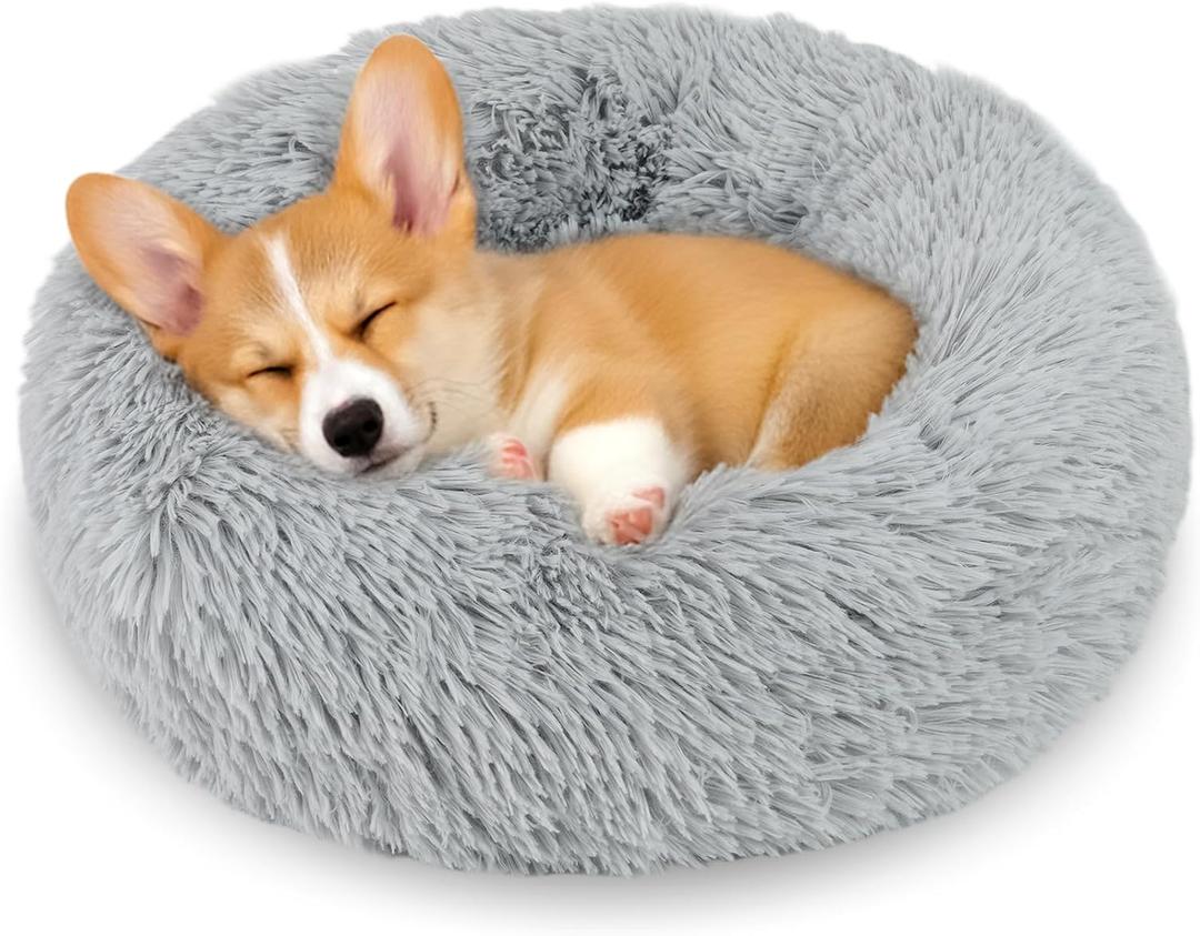 Extra Small Calming Anti-Anxiety Donuts Dog And Cat Bed, Round Fluffy Soft Washable Pet Bed For Puppy & Kitten, Cuddler Warming and Cozy Cushion, Luxury Anti-Slip Waterproof Mute Base 16in Gray (Bright-Grey)