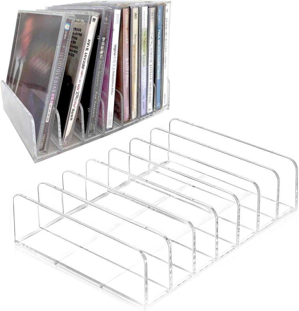 CD Holder, Clear Acrylic CD Display Rack & Storage Organizer, Holds up to 28 Standard CD Cases for Media Shelf Organization