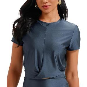 Satin Silk Women's Short Sleeve Shirts Round Neck Summer Causal Crop Tops Twist Front Tee T-Shirt Midnight Blue, Large 