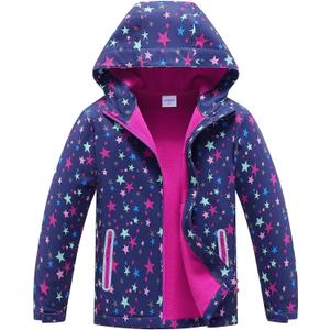 MGEOY Boys Girls Rain Jacket Lightweight Waterproof Hooded Fleece Lined Raincoat Windbreakers for Kids (5-6 Years, Purple Stars(lining:fleece))