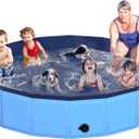 97" x 12" Foldable Dog Pool - Collapsible Hard Plastic Kiddie Pool for Dogs & Kids, Non-Slip Pet Bath Tub for Outdoor Backyard Use, Lightweight & Portable (Blue)