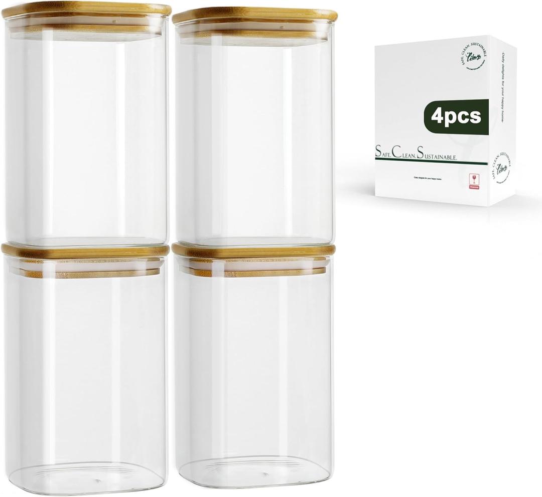 LIBWYS 4-Pack Glass Pantry Storage Containers with Bamboo Lids1.22Qt - Stackable Square Food Jars for Pantry Organization, Coffee, Flour, Snacks, Tea | Kitchen Canisters Set