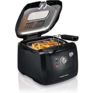 Hamilton Beach Cool Touch Electric Deep Fryer with Basket and Lid, 2 Liters / 8 Cups Oil Capacity, Adjustable Temperature, 1500 Watts for Fast Heat-up, viewing Window Easy to Clean, Black (35021)