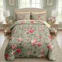 Nesker 7 Pcs Comforter Set Queen Size, Vintage Floral Beige Bedding Set for Kids and Adults, Rose Flower Pink Sheets Bed Sheet Sets with Fitted Sheet 2 Pillowcases & 2 Shams