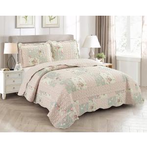 Brilliant Sunshine Rose and Sage Quilt Set, 3-Piece Bedding Sets, Traditional Patchwork Design, Washable and Reversible Bedspread, Soft Lightweight Coverlet, All-Season, Full/Queen, Light Pink Green